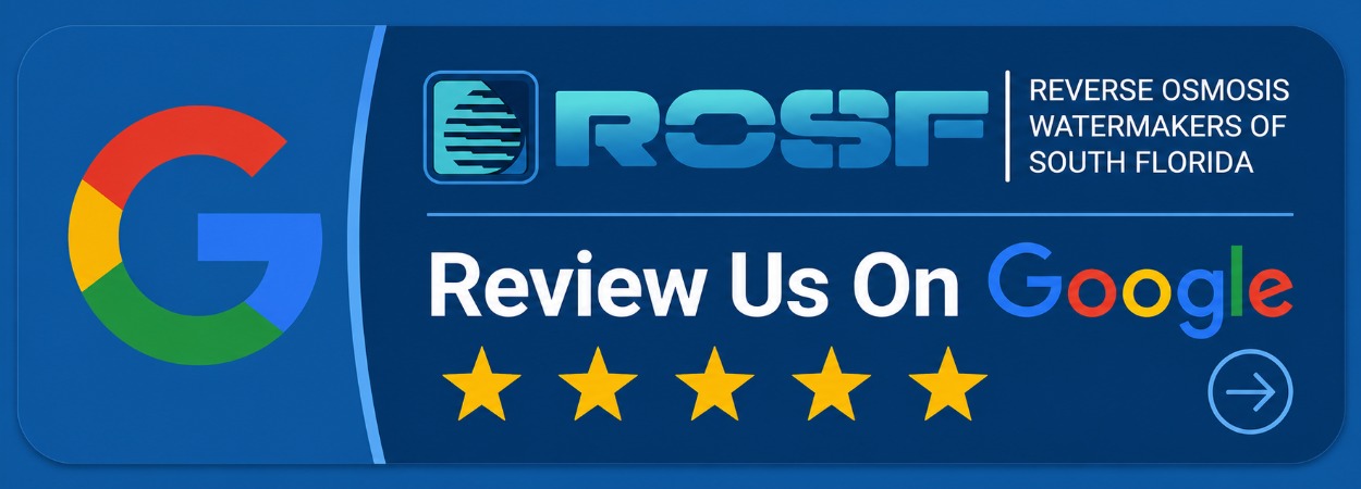 Reverse Osmosis Watermakers of South Florida Google Review banner encouraging customers to leave a 5-star Google review for marine, commercial, and residential water treatment services.